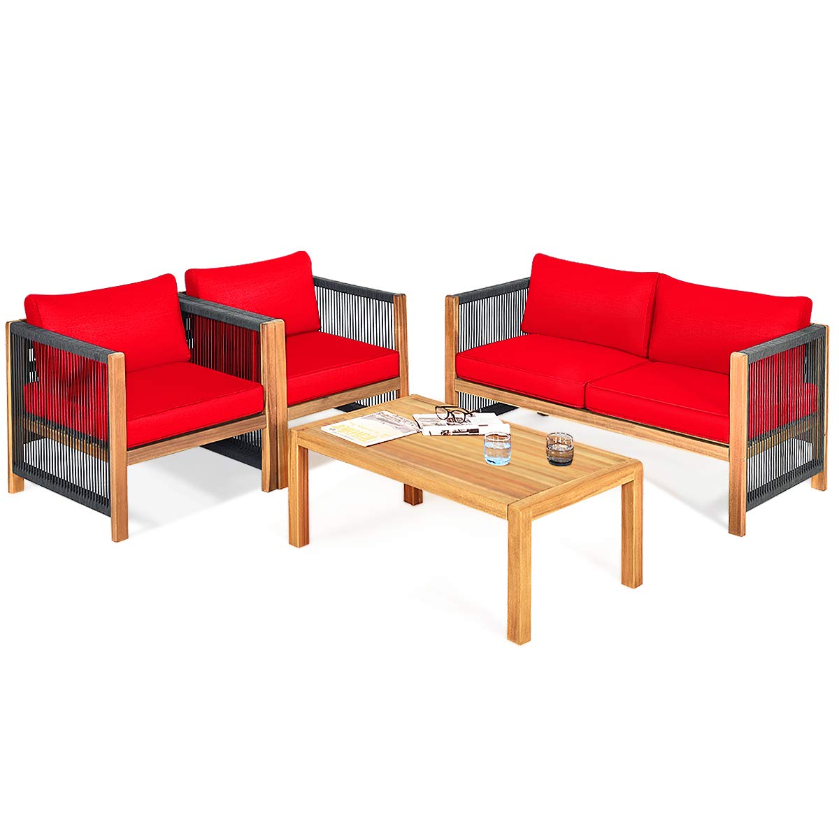Ensemble de meubles de jardin en bois, canapé deux places en bois d'acacia, 2 fauteuils individuels et table basse